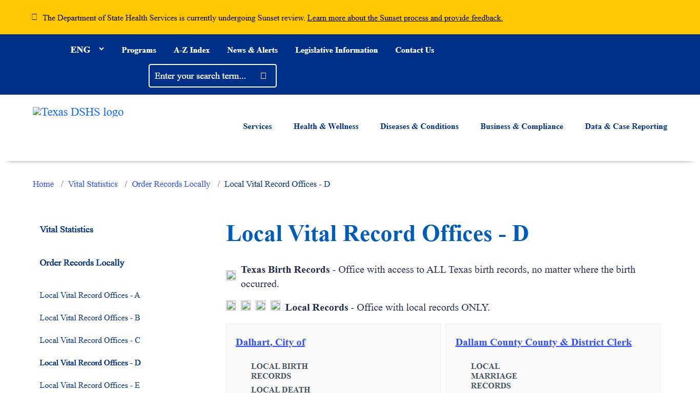 Local Vital Record Offices - D | Texas DSHS